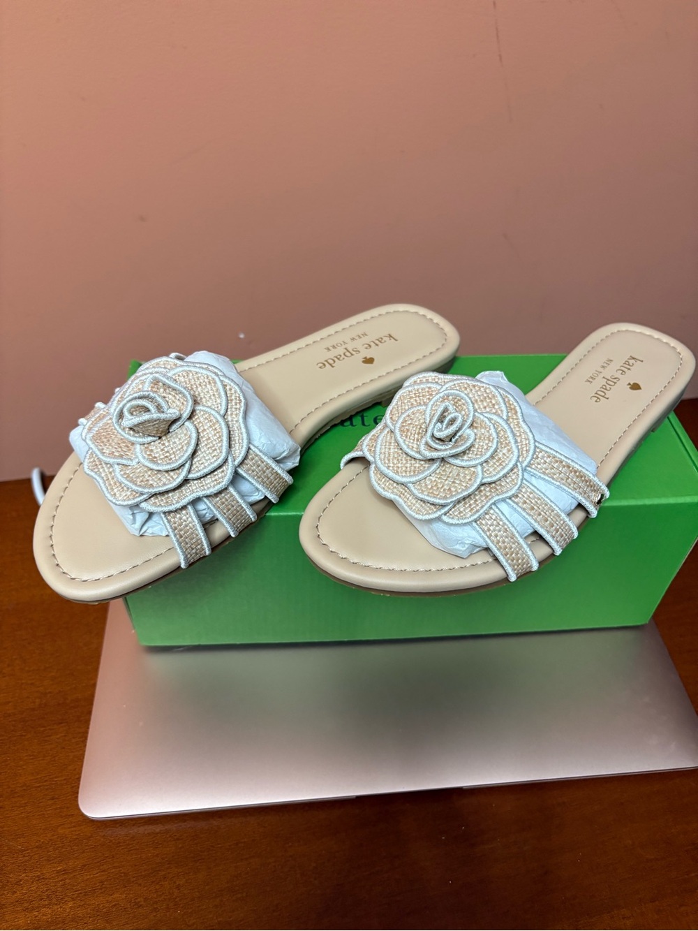 kate spade Cream Floral Appliqué Slide Sandals